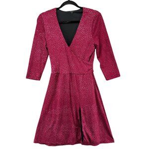 Guess Faux Wrap Dress Maroon Pebble Print 3/4 Sleeve Lined V Neck Stretch Size L